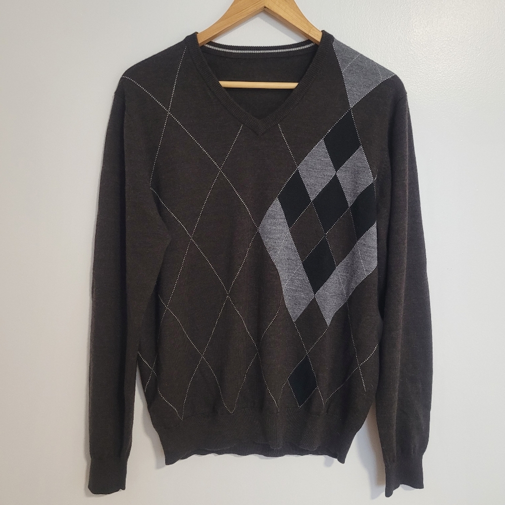 Wolsey Merino Wool Sweater Men M Argyle‎ V-Neck Brown Gray Pullover
